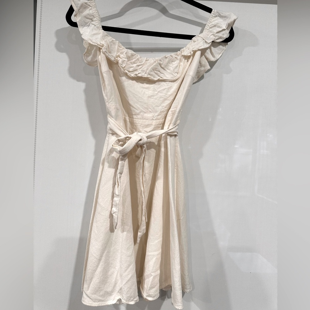 Zara White Linen Sundress Short Off Shoulder Ruffle Tie Waist Dress Size Large
